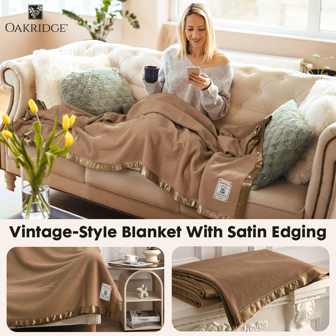 OakRidge Heirloom Merino Wool Blanket – 100% Australian Wool with Vintage Satin Edges – Breathable, Odor-Resistant, All-Season Bedding in Full/Queen Size – Tan Cozy Throw for Home or Travel