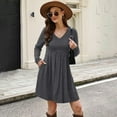 thumbnail image 7 of Women's Dress Long Sleeve V-Neck High Waist Elastic Ribbed Striped with Pocket Midi Dress for Spring Fall Casual,Gray,M, 7 of 7