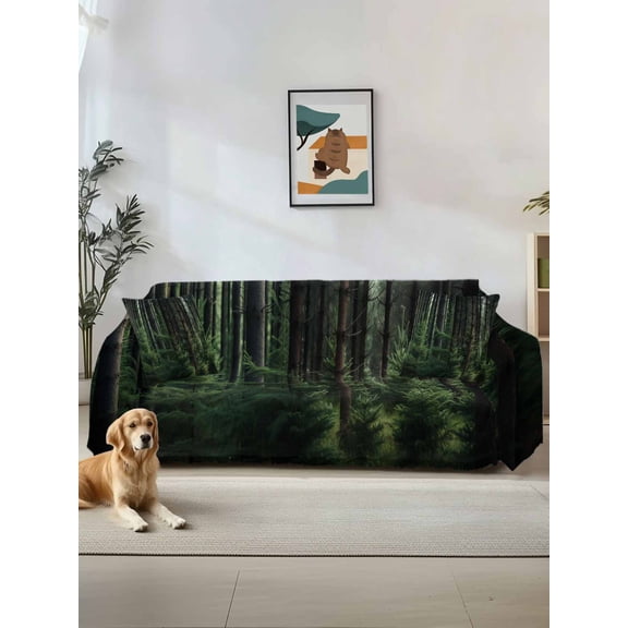 Green Forest Couch Cover for 2 Cushion Sofa, Mysterious Primitive Forest Pine Tree Washable Loveseat Sofa Covers Slipcover for Sectional Sofas L-Shaped, Couch Throw Cover 71"x118"