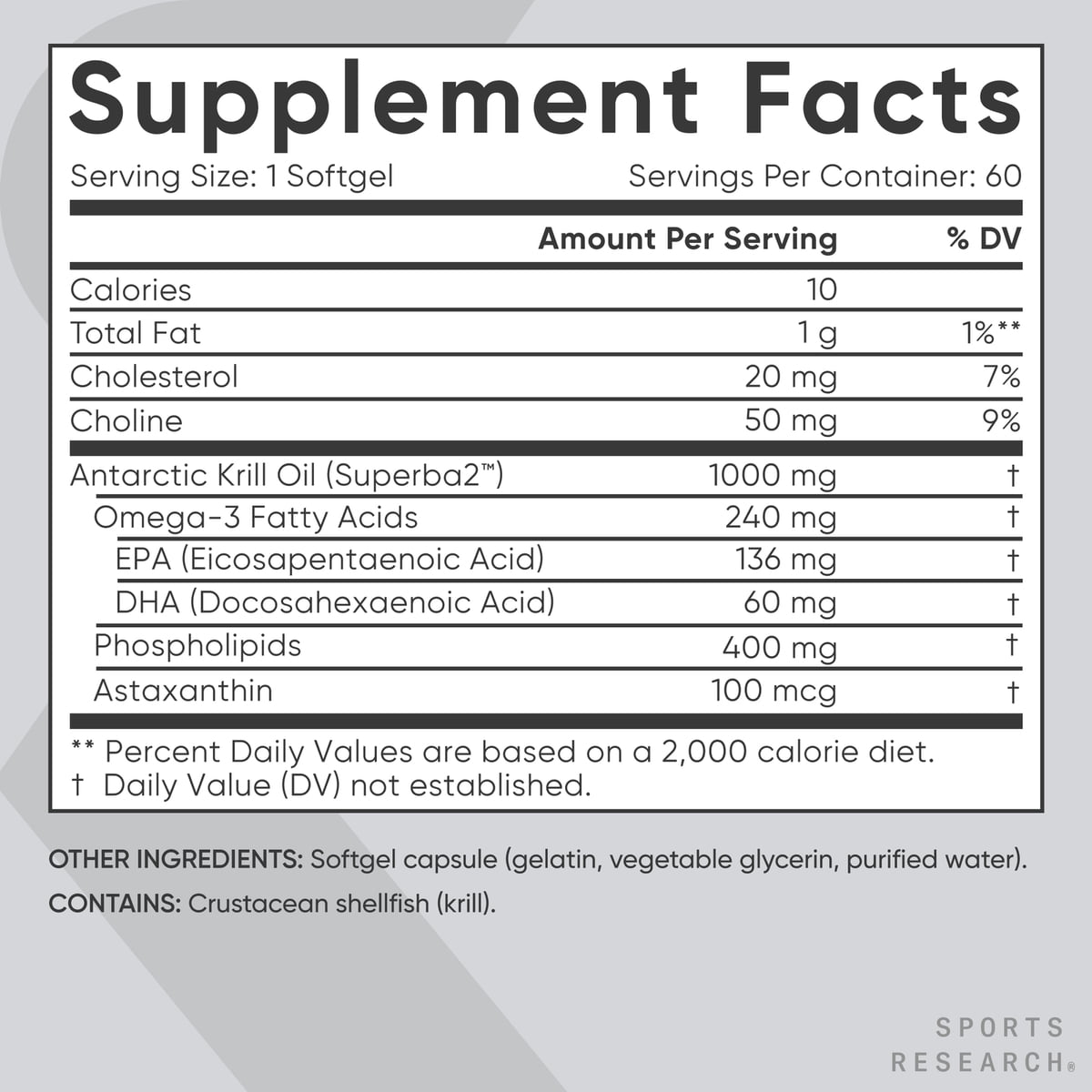 Sports Research® Antarctic Krill Oil Omega 3 1000mg with Phospholipids, Choline and Astaxanthin (60 Softgels)