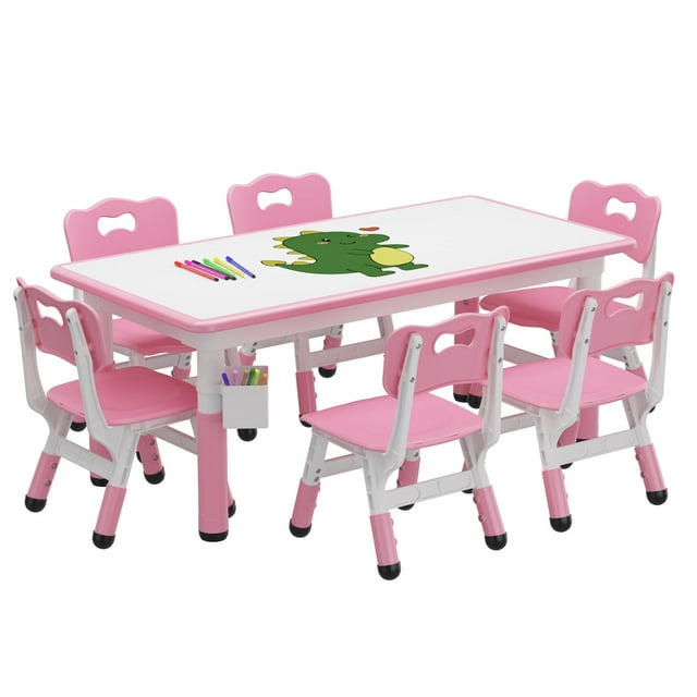 Yeshouse Juego de mesa y 6 sillas para niños con caja de almacenamiento, altura ajustable, patas antideslizantes, 2-10 años