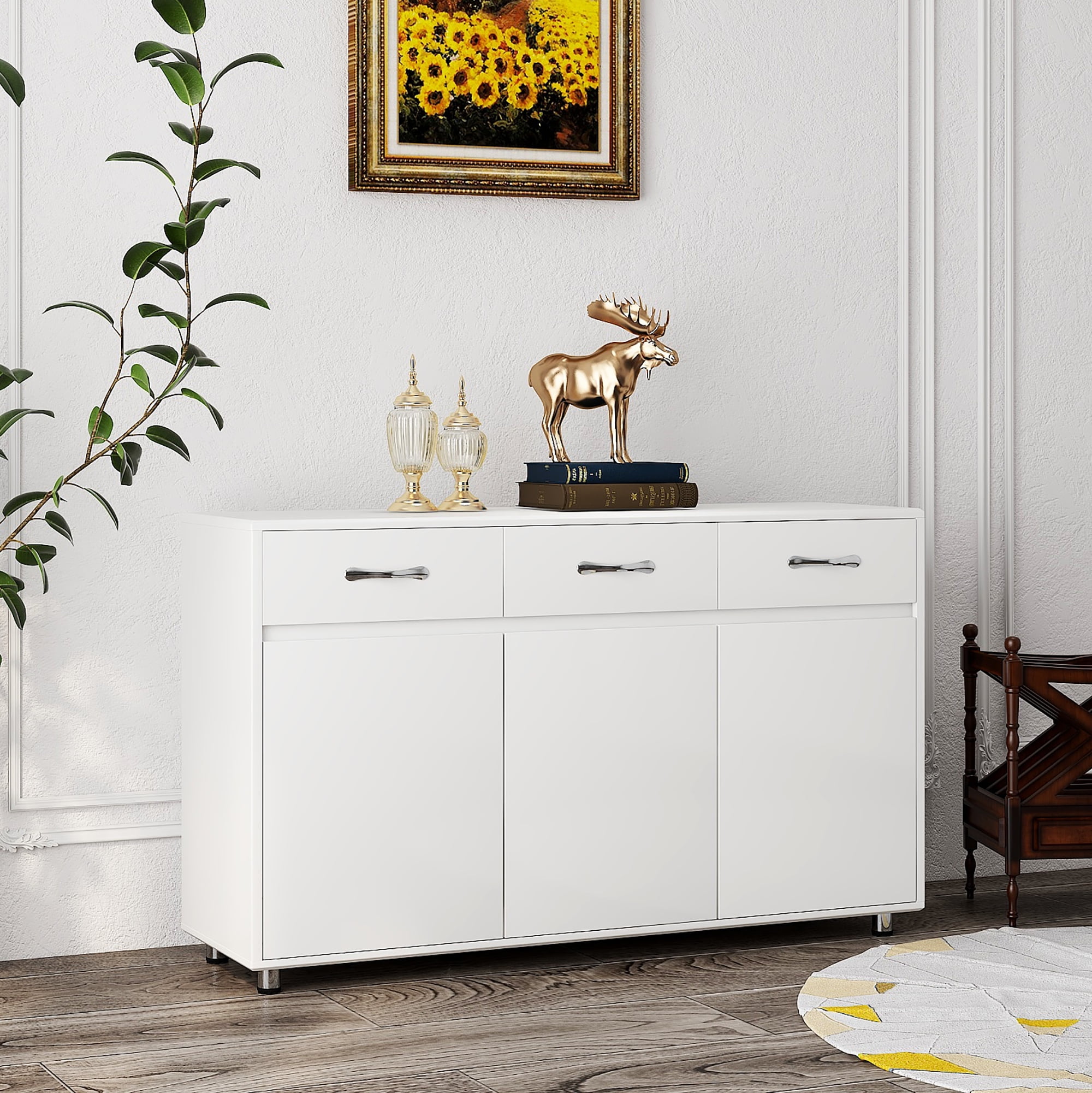 Mintazer Sideboard Buffet Cabinet with 3 Drawers & 3 Doors, Modern Storage Credenza with Adjustable Shelves for Kitchen Dining Room Living Room, White