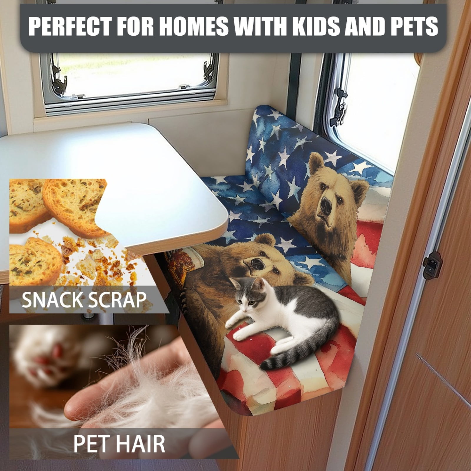 FOR U DESIGNS Bear Beer American Flag Pattern 2 Pcs RV Dinette Cushion Covers Anti-Slip Camper Cushion Slipcover Waterproof RV Couch Cover Sofa Slipover for Travel Trailer Couch