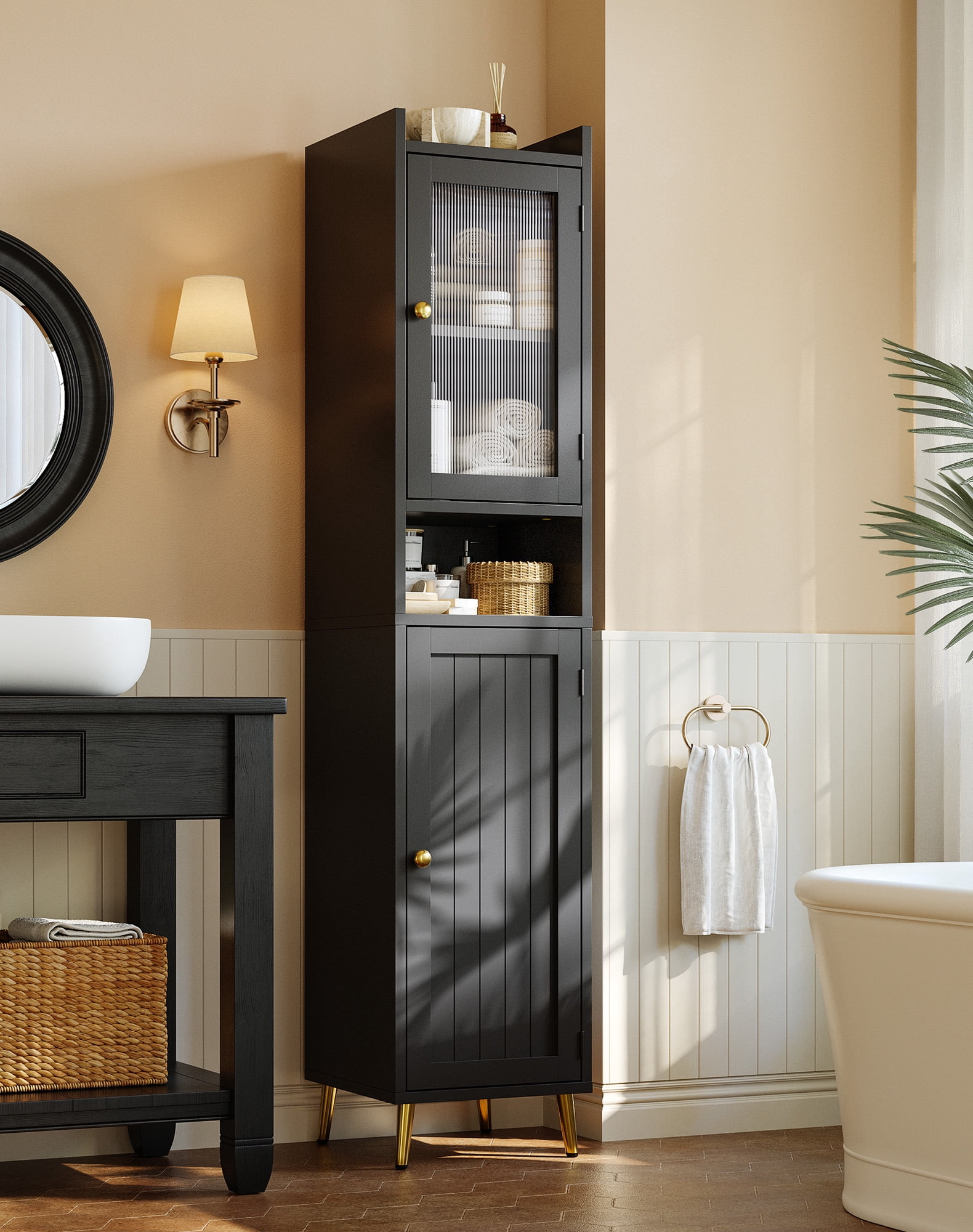 EnHomee 69" Tall Bathroom Storage Cabinet,Narrow Linen Cabinet with 2 Door and Adjustable Shelves​,Black