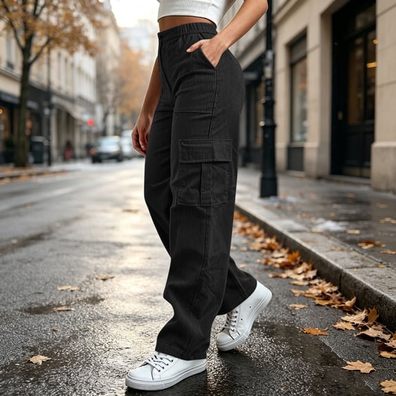 SOOMLON Cargo Pants for Women Wide Leg Plus Size Button Pants Corduroy Work Pants with Pockets Winter Hiking Clothes