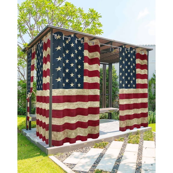 Vintage American Flag Outdoor Curtains for Patio, Shabby US Star Strips Flag Privacy Drapes Grommet Waterproof Outside Curtains for Porch/Cabana/Balcony 54"x 108", 1 Panel