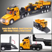 1:16 RC Semi Flatbed Truck with Dump & Bulldozer Truck Toys, 2.4G Remote Control Engineering Tractor with with LED Lights & Music, Construction Vehicles Toy for Boys