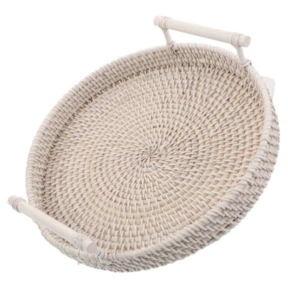 Tineasur Handwoven White Round Rattan Serving Tray with Handles for Bread Fruit and Snacks