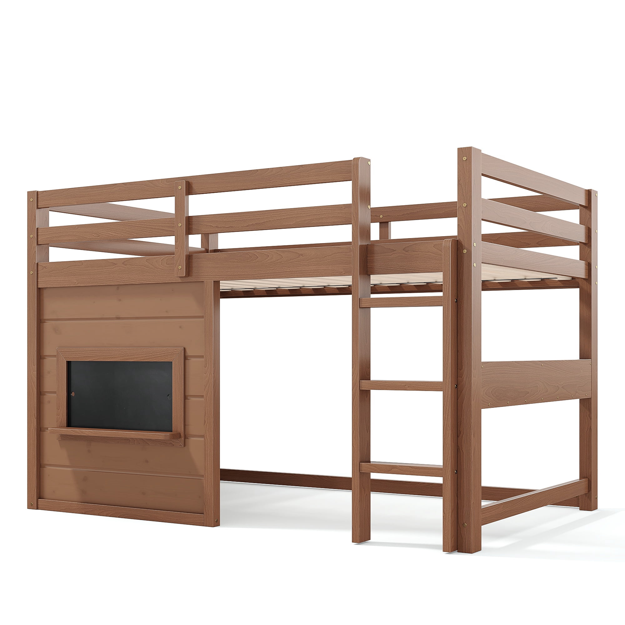 Leumius Twin Size Loft Bed with Storage Shelves,Solid Wood Low Loft Bed Frame with Chalkboard and Bookshelf,Space Saving,Natural