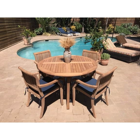 5-Piece Teak Dining Set: 52" Round Table   4 Arbor Stacking Arm Chairs
