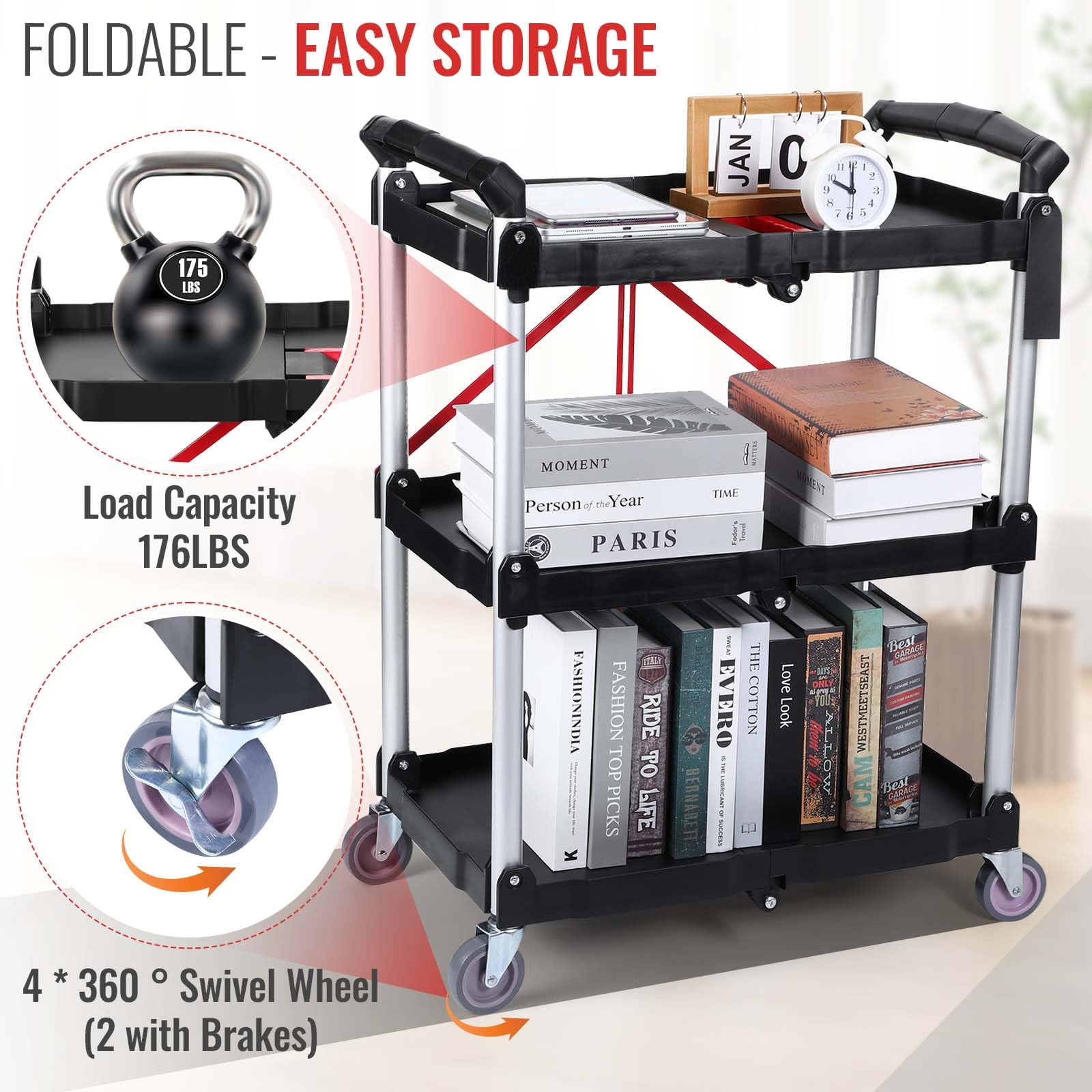 Folding Service Cart Heavy Duty 176 LBS w/ 360° Swivel Wheels Ergonomic Red Handle Foldable Utility Cart for Office Garage Home Kitchen Storage Collapsible Tool Cart