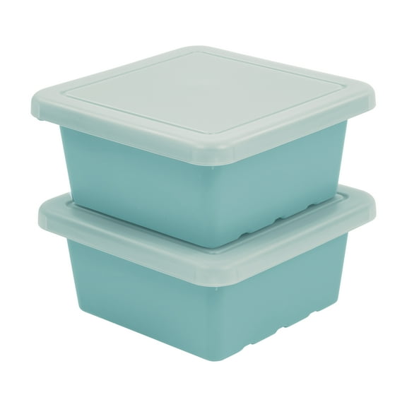 ECR4Kids Stackable Square Bins with Non-Snap Lids, Multipurpose Organization, Seafoam, 2-Pack