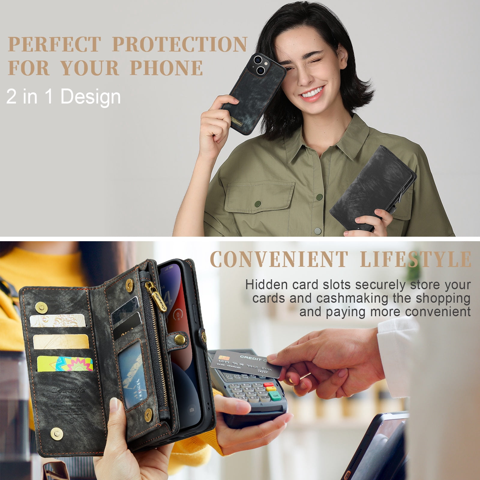 For Apple iPhone 15 Plus Wallet Case,Multi-Functional Retro Leather Purse Flip Cover Zipper Wallet Case with Removable Card Slots Pocket & Detachable Wrist Strap Magnetic Phone Case, Black