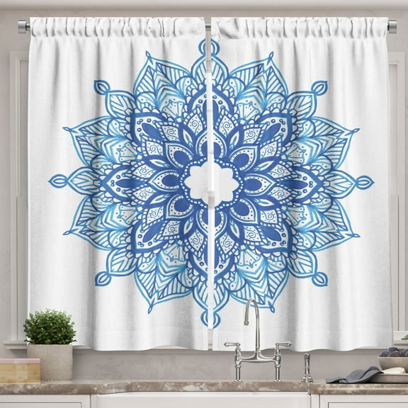 Ambesonne Blue Mandala Kitchen Curtains, Ethnic Ornament Flower, 55"x45", Azure Blue Deep Sky Blue