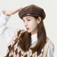 thumbnail image 3 of Boina estándar de metal de lana de otoño e invierno de estilo coreano gorra octogonal para niños circunferencia de la cabeza grande cara pequeña sombrero de pintor de arte de moda, 3 of 5