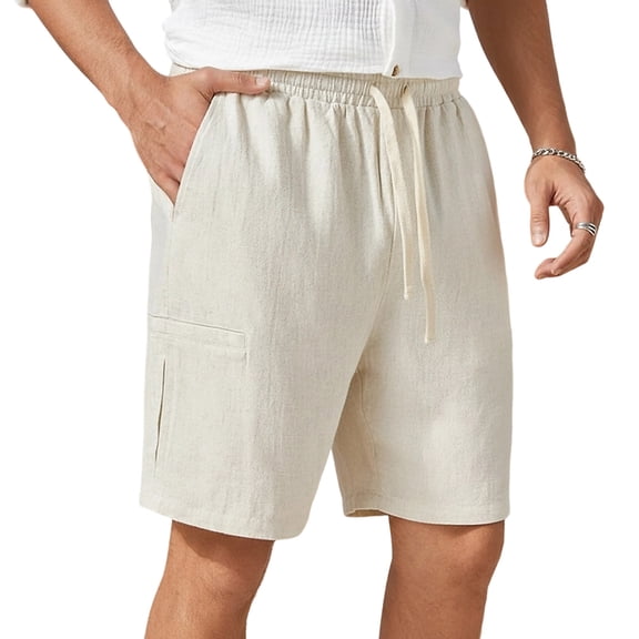 GUZOM Mens Linen Cotton Blend Shorts 60% Cotton 40% Linen Elastic Drawstring Waist Relaxed Fit Casual Beach Shorts with Pockets, Beige Khaki Cream,Size 2XL