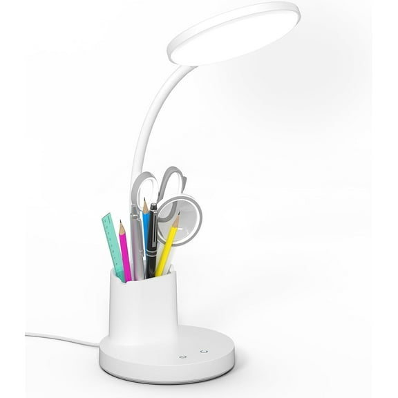 Hansang Desk Lamp for Home Office, Dimmable Table Lamp with 3 Color Modes, Reading Light with Pen and Phone Holder, White