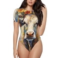 thumbnail image 1 of Saiise Combinaison Courte à Manches Courtes pour Femmes, Motif Vache Fleurie Style Peinture à l'Huile, Pyjama à Col Rond, Justaucorps Extensible avec Fermeture à Boutons-Pression - X-Grand, 1 of 7