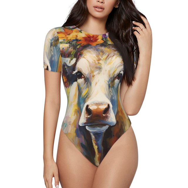 Saiise Combinaison Courte à Manches Courtes pour Femmes, Motif Vache Fleurie Style Peinture à l'Huile, Pyjama à Col Rond, Justaucorps Extensible avec Fermeture à Boutons-Pression - X-Grand