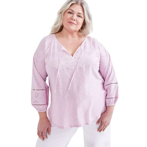 Style & Co Plus Size Embroidered Eyelet-Trim Top - Lilac Floral - Size 3X