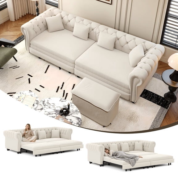 89" Chesterfield Sleeper Sofa, King Size Pull-Out Bed & Movable Ottoman, Velvet,Beige