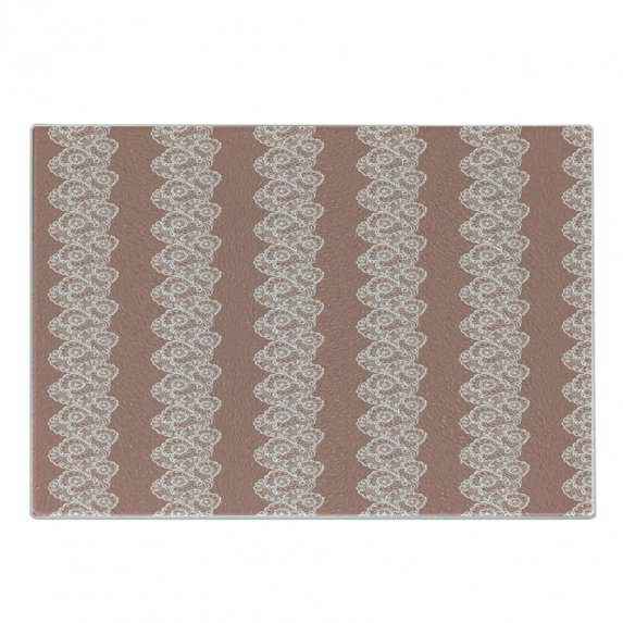 Vintage Cutting Board, White Lacy Vintage Romantic Trimming Edging Lines Crochet Computer Drawn Graphic, Decorative Tempered Glass Cutting and Serving Board, in 3 Sizes, by Ambesonne