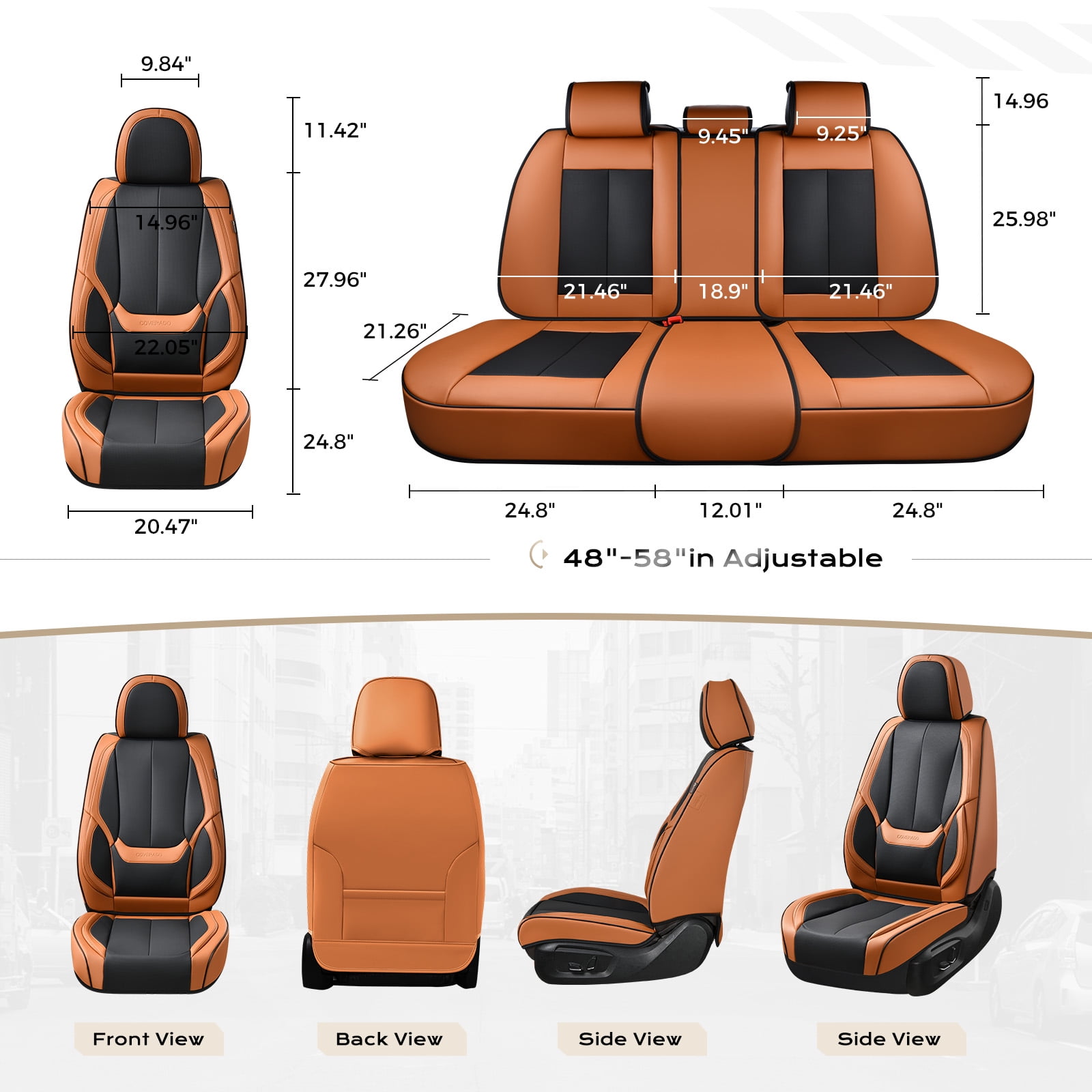 Coverado Black&Brown Car Seat Covers Full Set, Waterproof Premium Leather Front and Back Seat Protectors, Luxury Auto Interior Accessories, Universal Fit Most Cars Sedan SUVs Pick-up Trucks