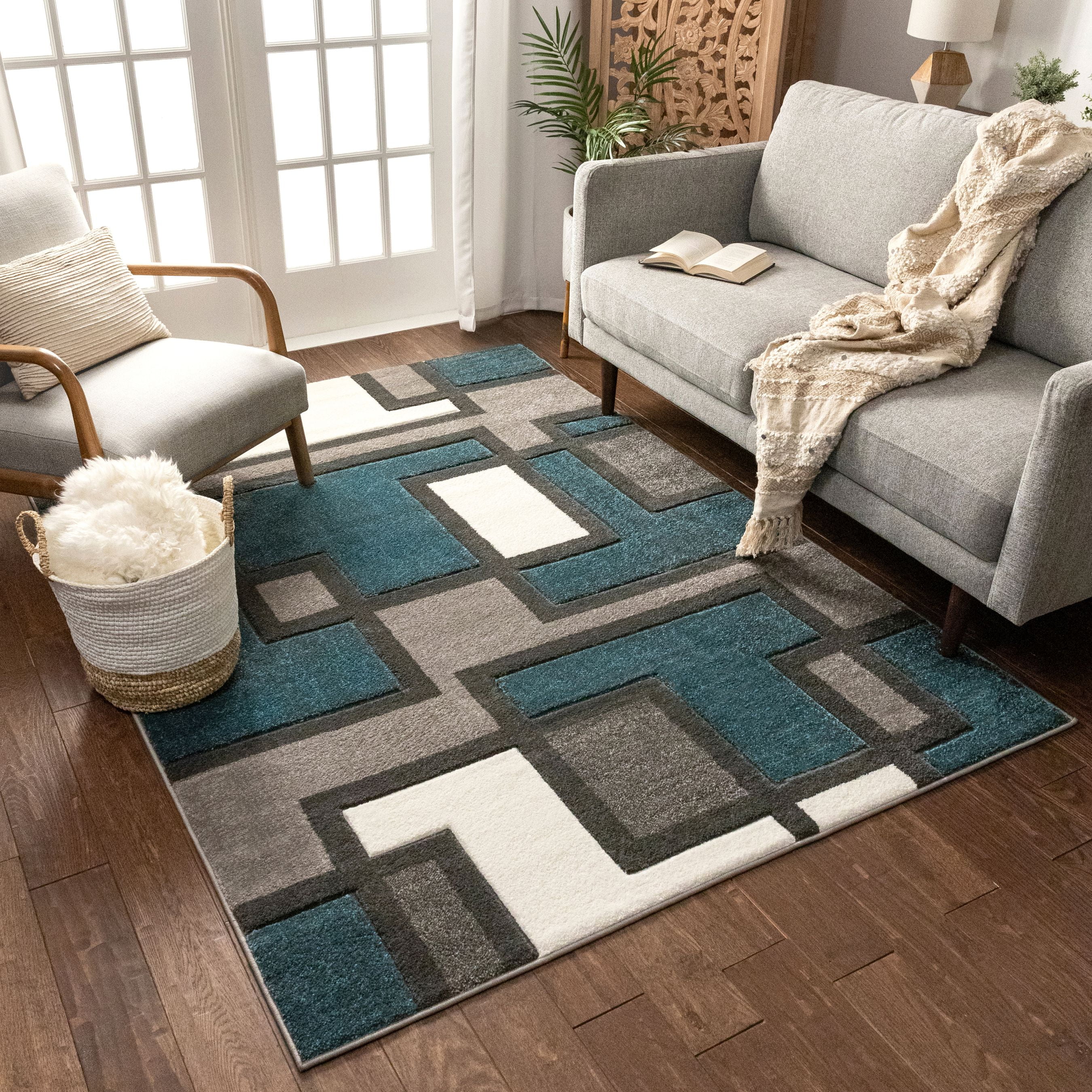 Well Woven Ruby Geometric Traditional Modern MidCentury Area Rugs, Blue