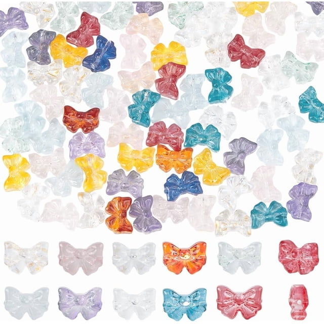 1 caja de 100 cuentas de vidrio con forma de lazo, coloridas, transparentes, aleatorias, con forma de mariposa, con agujeros horizontales, cuentas espaciadoras sueltas.