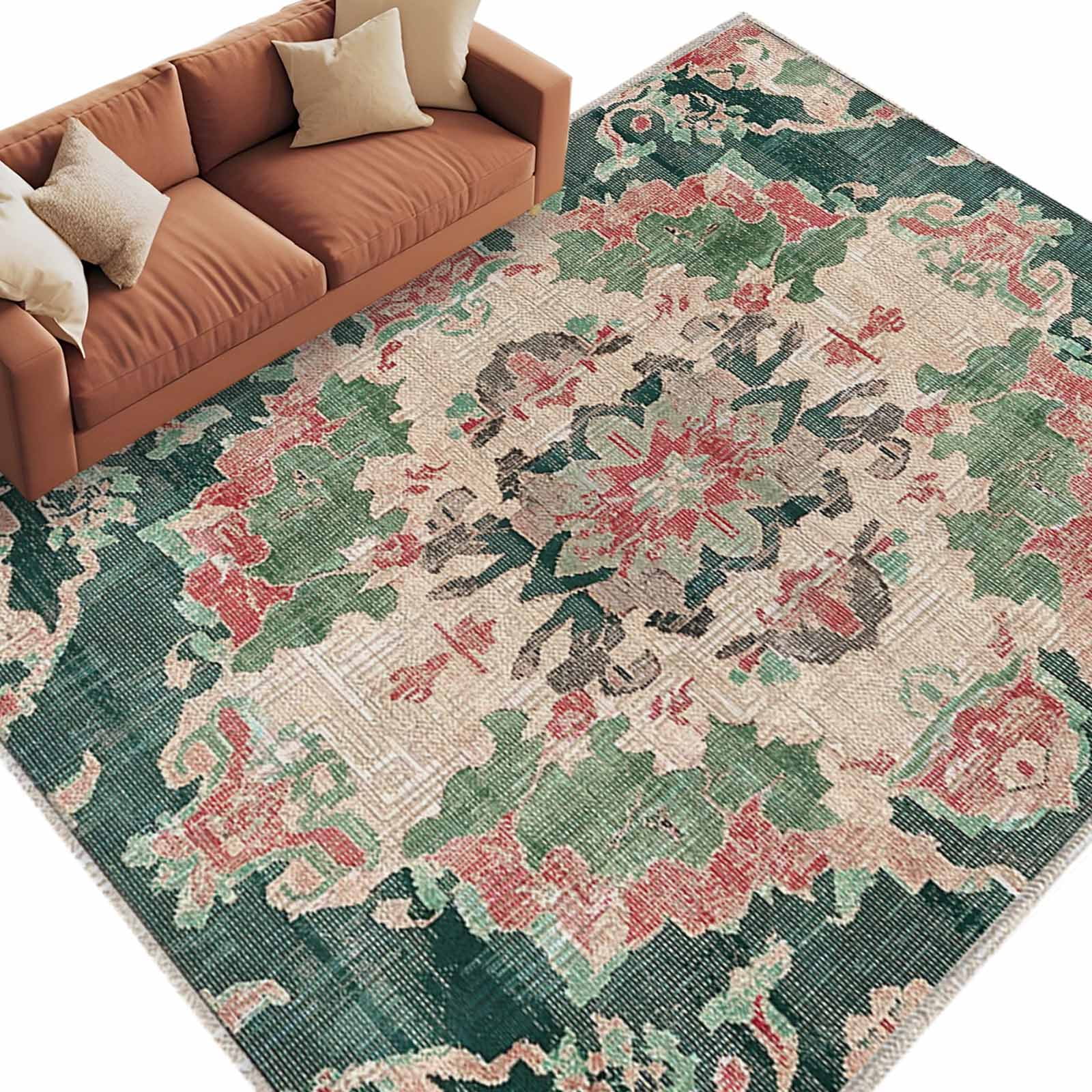 Area Rug for Living Room, Pink Green Boho Non-Slip Indoor Large Carpet for Bedroom/Dining Room, Abstract Medieval Vintage Ethnic Floral Washable Low-Profile Rectangle Floor Runner Rugs - 5 x 8 Ft