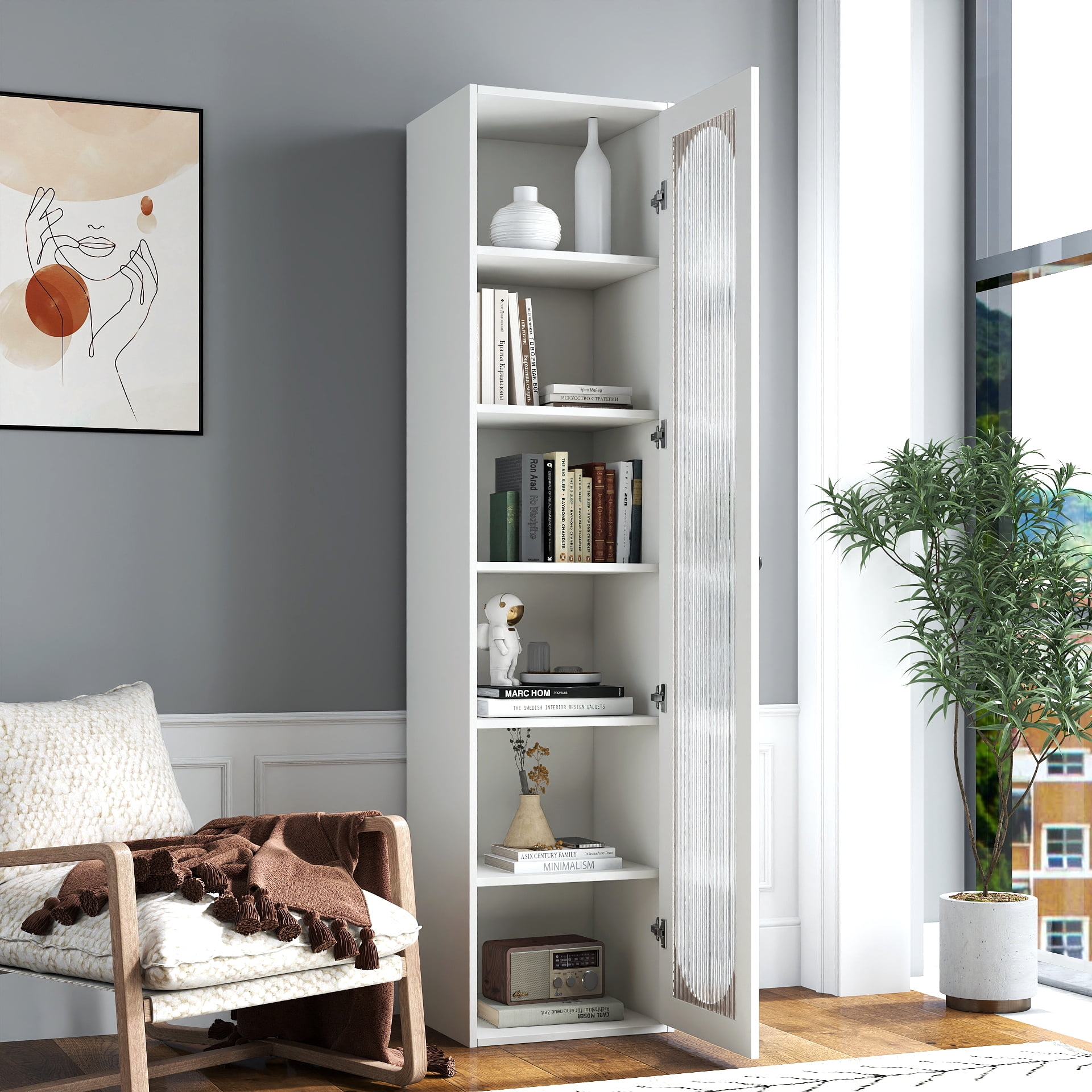 Mintazer 67" Tall Display Cabinet with Fluted Glass Door, 6 Tier Freestanding Storage Bookcase for Living Room Bedroom Home Office, White