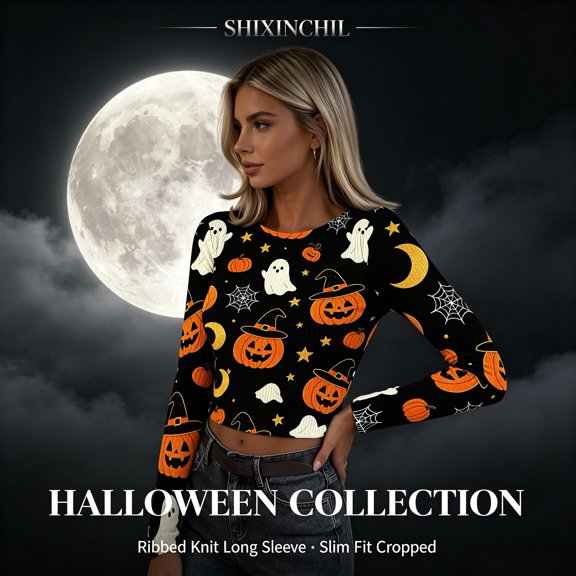 SHIXINCHIL Ribbed Knit Long Sleeve Shirts for Women Novelty Halloween T-shirt Slim Fit Casual Y2k Crop Tops Spooky Season Festive Tee Top Multicolor M