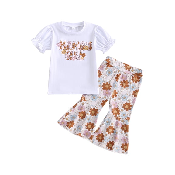 Bagilaanoe 2pcs Toddler Baby Girl Long Pants Set Letter Print Short Sleeve T-Shirts Tops   Floral Flared Trousers 1T 2T 3T 4T 5T 6T Kids Casual Outfits
