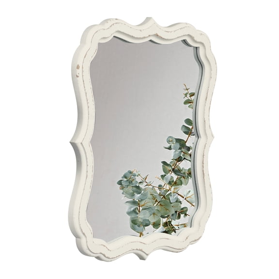 Sintosin Rustic Distressed Wood Wall Mirror with Scalloped Edge, Vintage Decor for Bedroom and Living Room, White