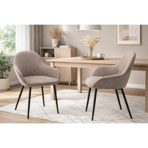 Brassex Charlotte Upholstered Dining Chair Set of 2 for Dining Room and Kitchen with Curved Bucket Seat and Steel Legs, Vintage Beige