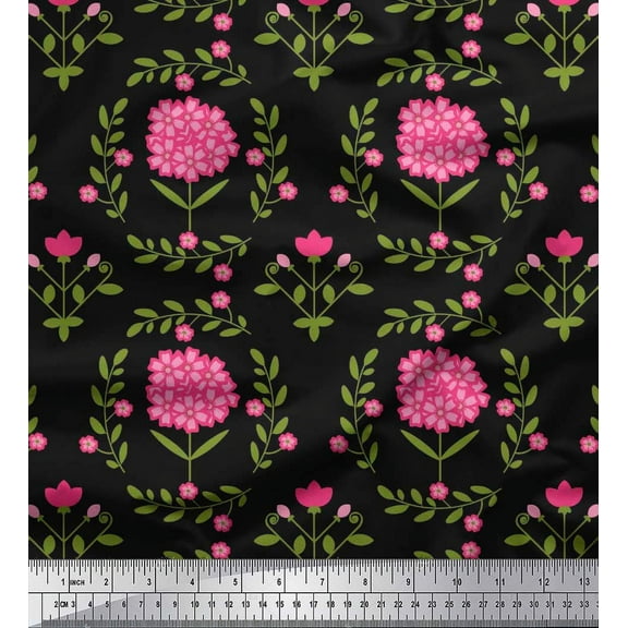 Soimoi Cotton Duck Fabric Leaves & Pink Flower Floral Printed Craft Fabric by the Yard 42 Inch Wide