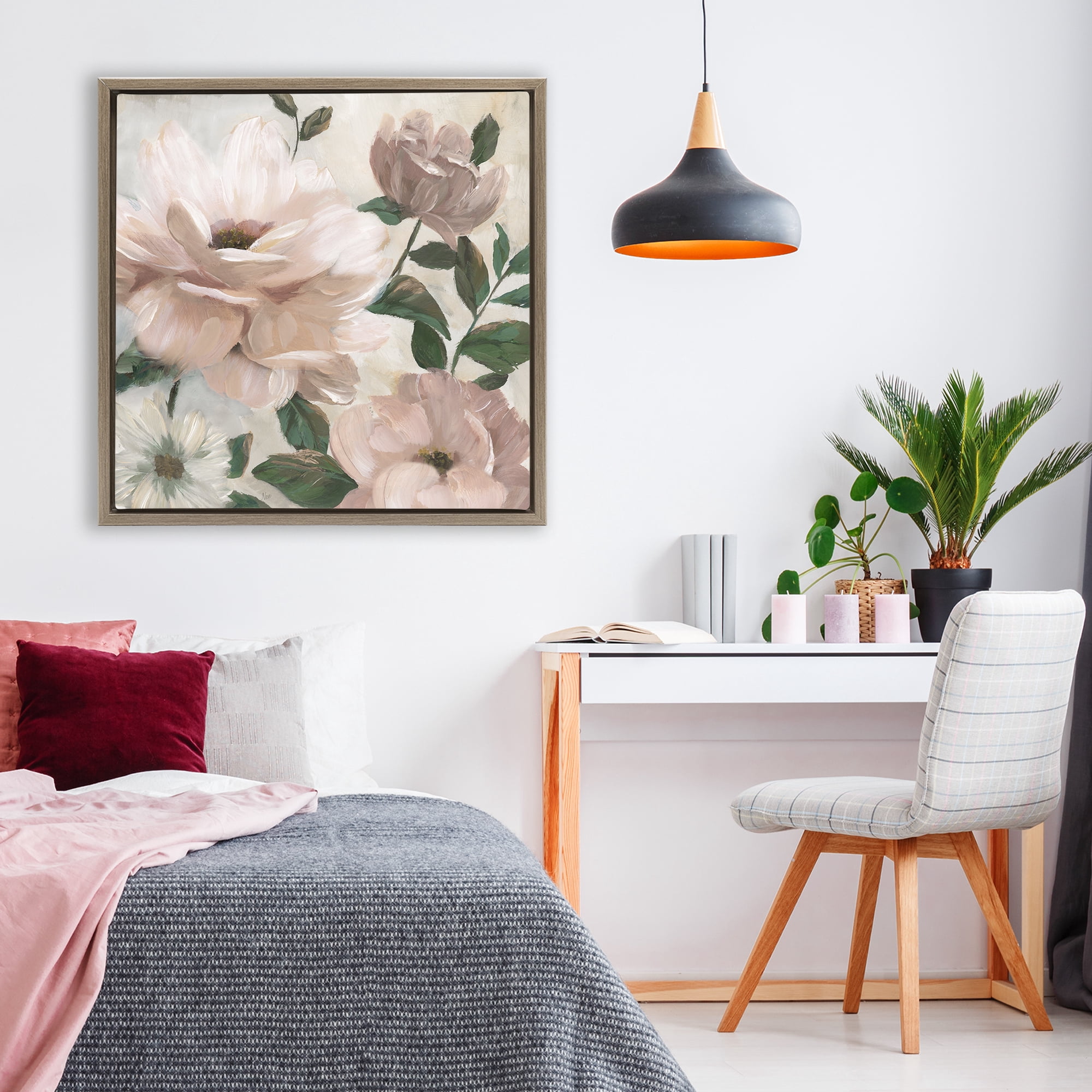 Stupell Industries Budding Blush Peonies & Leaves Brown Framed Floater Canvas Wall Art, design by Nan