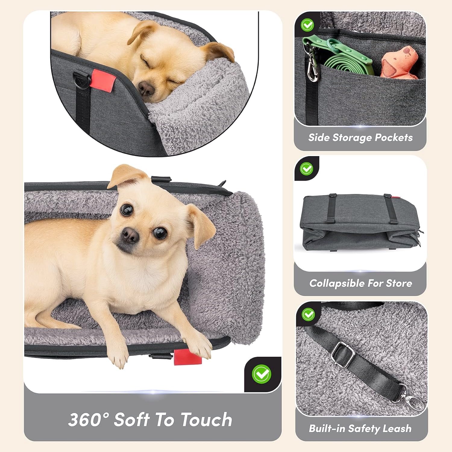 Comfort Pet Car Seat for Small Dogs and Cats in Grey with Safety Features