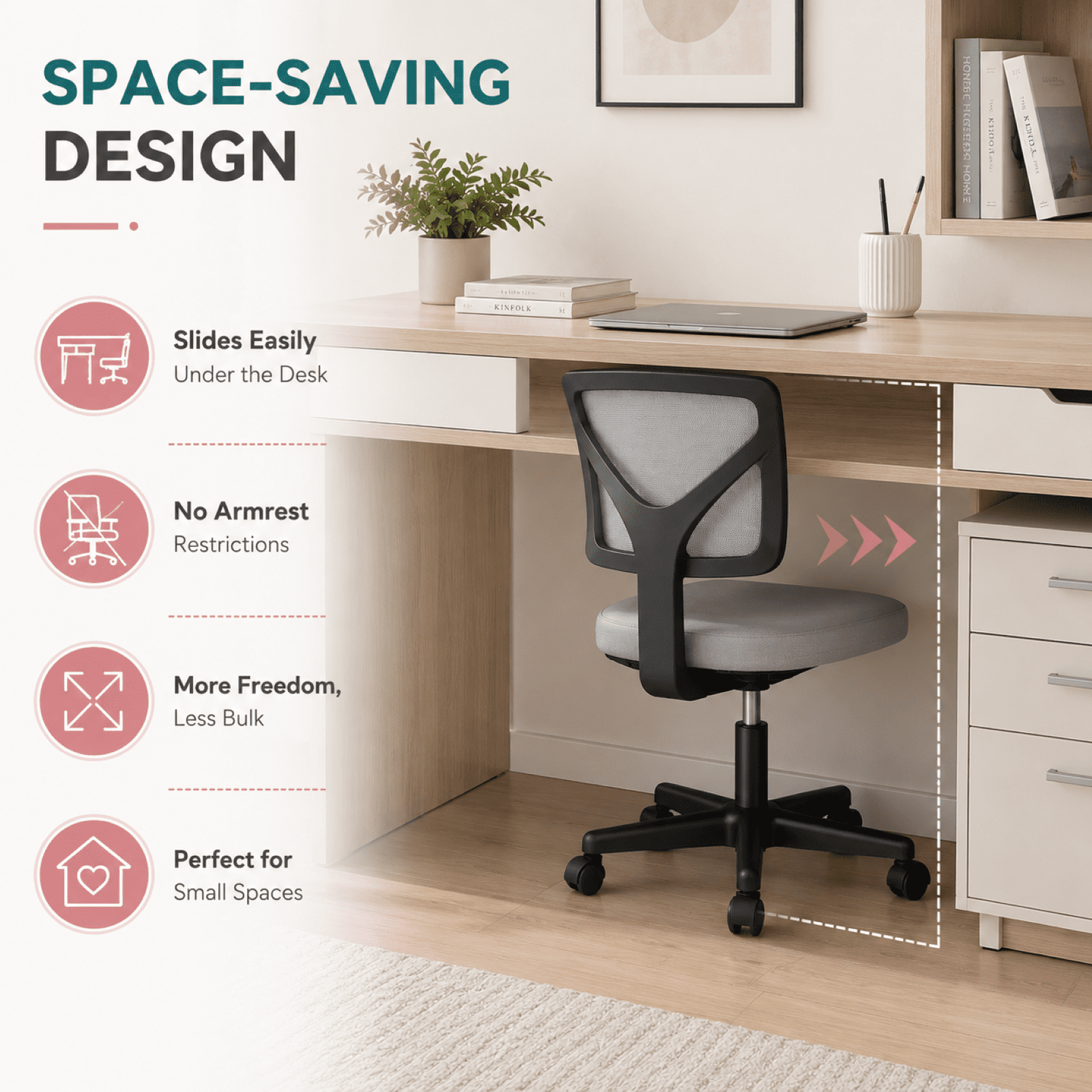 Kelno Small Desk Chair with Wheels Adjustable Computer Desk Chair with Lumbar Support Mesh Ergonomic Low-Back Office Chair, Gray