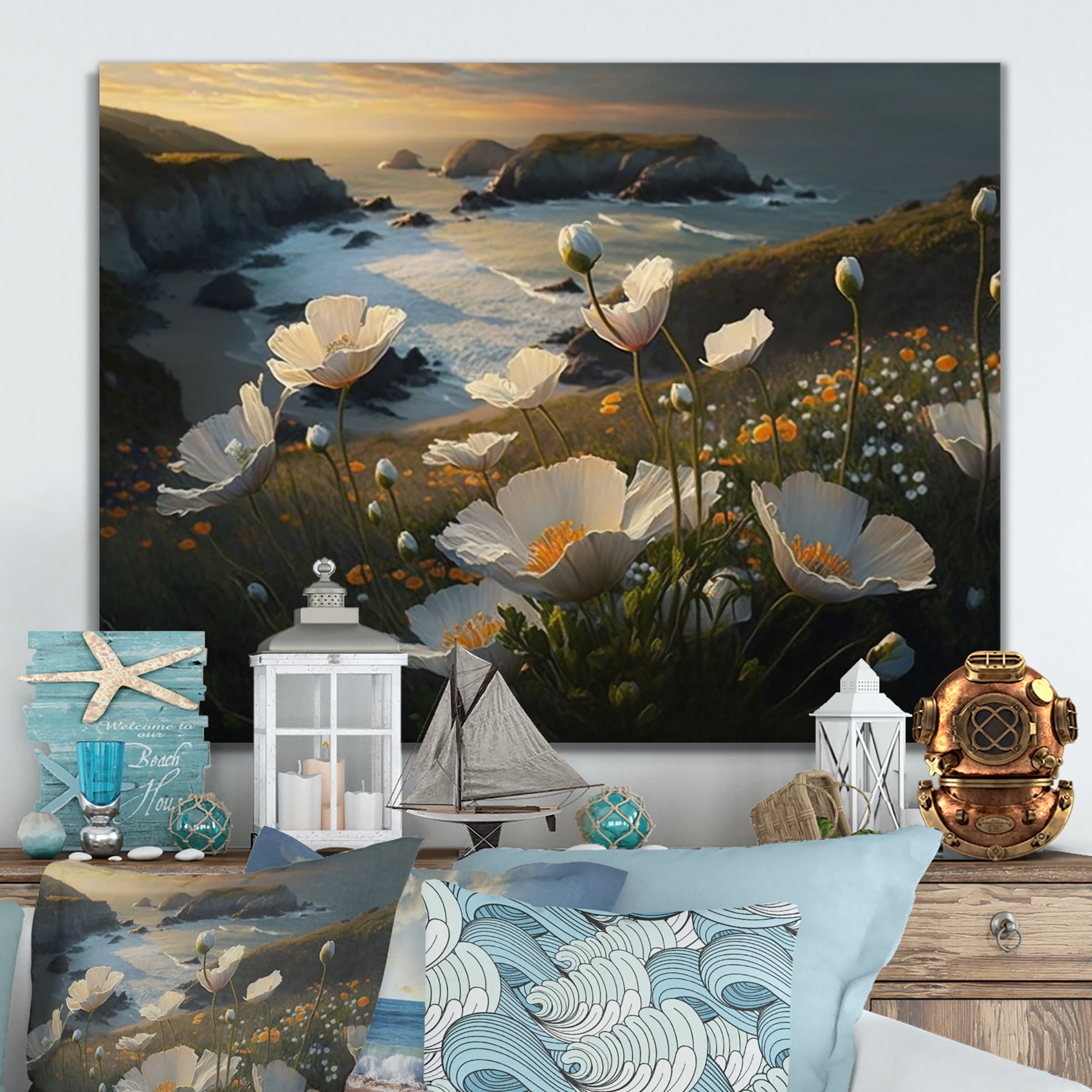Designart White Flowers By The Coast I Canvas Wall Art