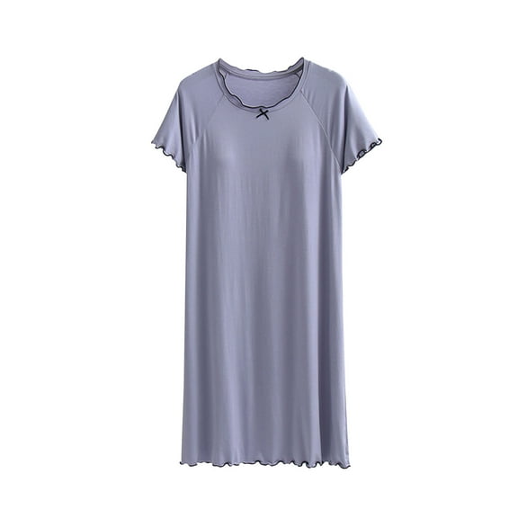 Tnhcen Women's Plus Size Modal Sleep Dress - Bowknot Crewneck Built-in Bra Pads Wrinkled Edge Short Sleeve Pajama Dress (M-2XL) for Soft Casual Loungewear