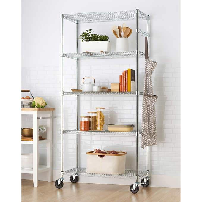 TRINITY EcoStorage 5tier Wire Shelving Rack with Wheels , 36" x 18" x 72" NSF, Chrome Color