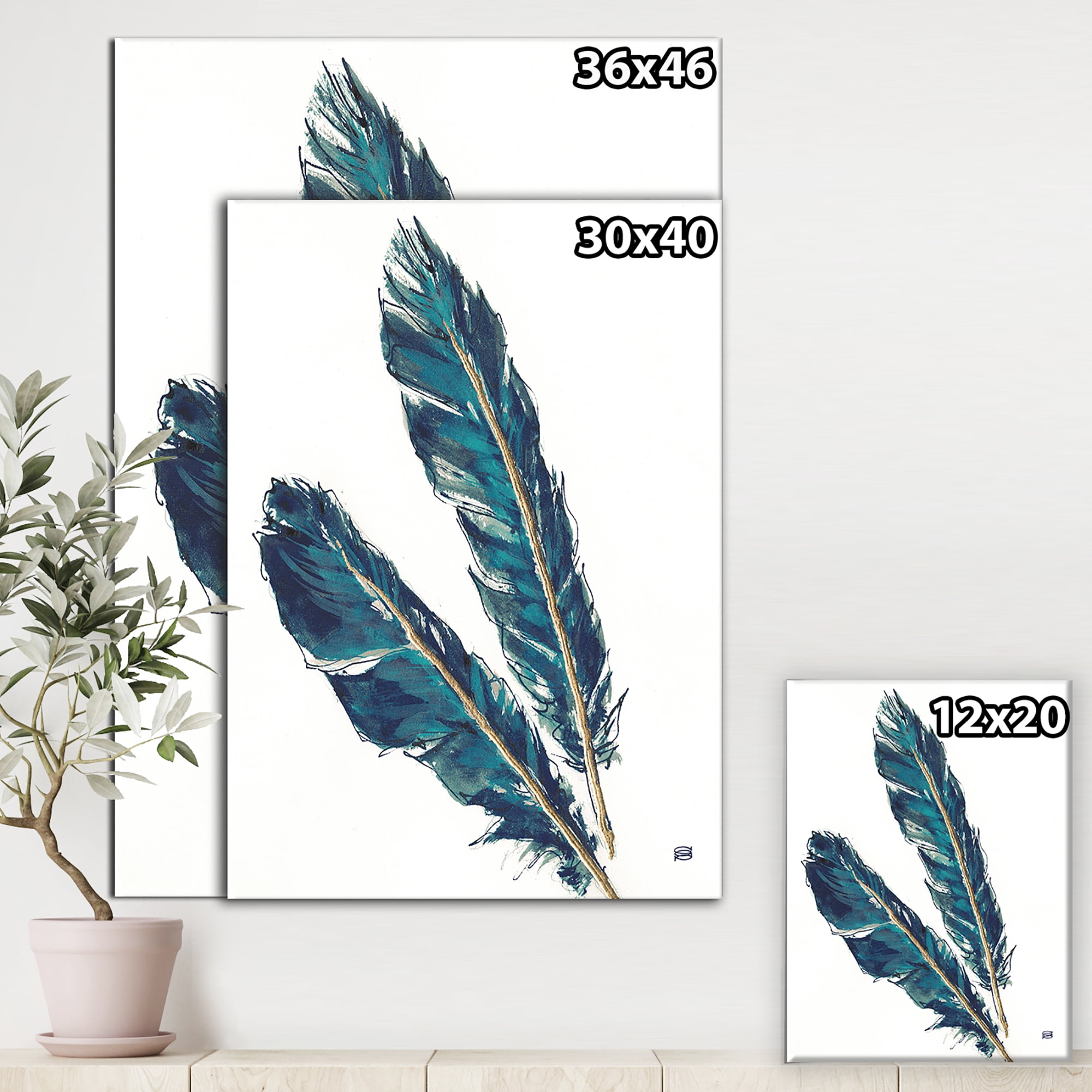 Designart 'Gold Indigo Feathers III' Modern Bohemian Canvas Art