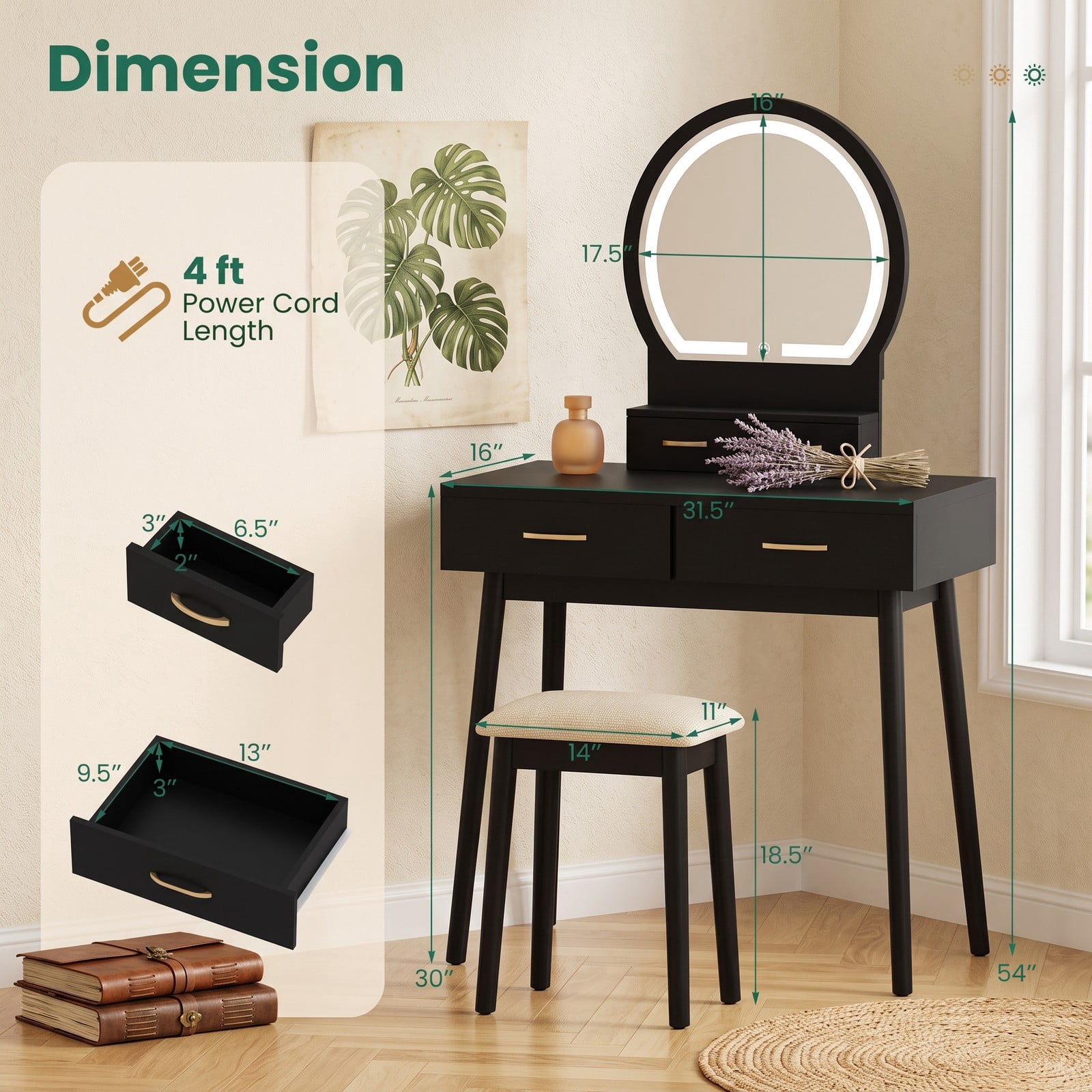 Furnibear Small Vanity Desk Set With LED Lighted Mirror and Cushioned Stool, Compact Makeup Dressing Table With 4 Drawers, Black