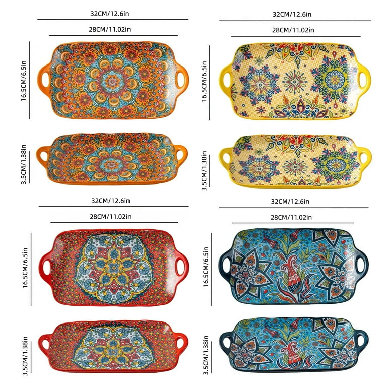 TAUFIKT Boho Style Ceramic Dinner Plate Set of 4 with Handles, Large 12-Inch Dinner Plate
