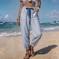 thumbnail image 5 of Womens Summer Striped Barrel Pants Comfy Drawstring Cropped Pant with Pockets Beach Vacation Elastic Waisted Trousers Blue S, 5 of 7