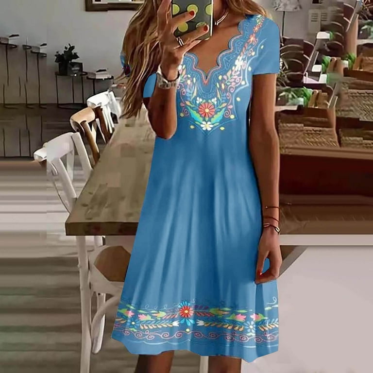Womens Summer Dress 2023 Mexican Dress Casual V Neck Flower Print