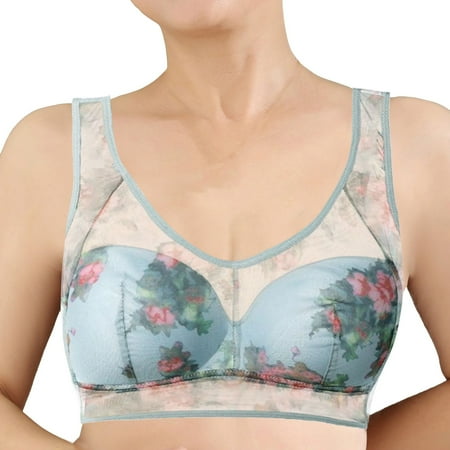 QYZEU Ladies Bras Padded Mesh Lace Seamless Comfort Bra Wireless Push Up Flower Print Everyday Bras Full Coverage Lightweight Thin Underwear Blue L