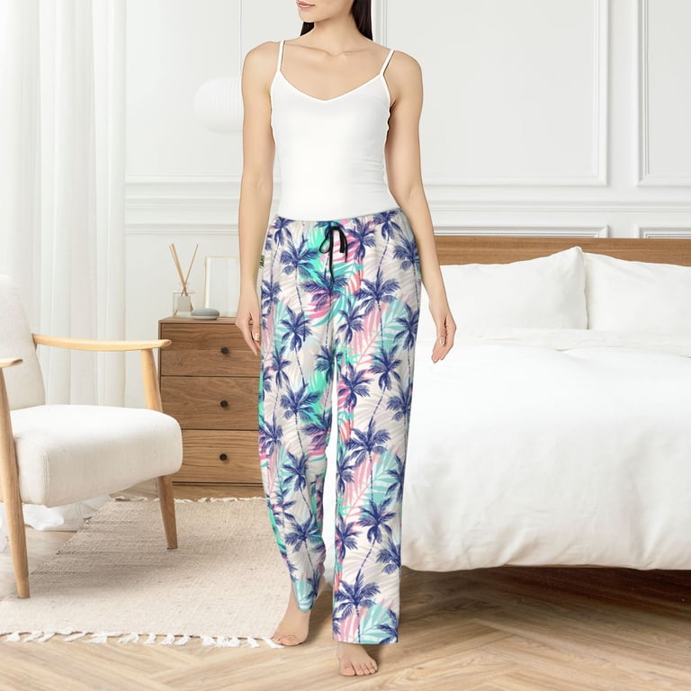 Uemuo Palm Leaves Pattern Women's Wide Leg Palazzo Lounge Pants