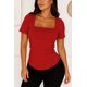 thumbnail image 1 of Blusa de licra fresca y elegante cuello cuadrado Rojo Chica, 1 of 2